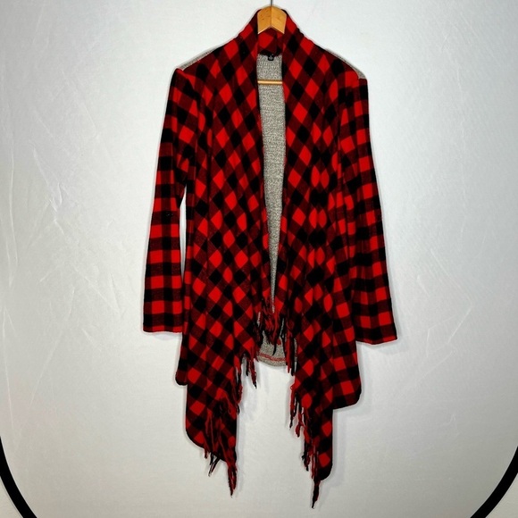Chloah Buffalo Plaid Roll Tab Sleeve Open Front Fringe Cardigan. Size Small. - Picture 2 of 13